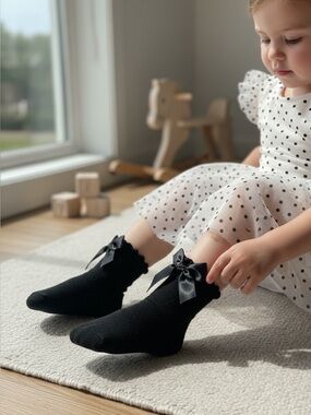 Black Bow Trim Kids Socks - Cute Ruffle Anklet
